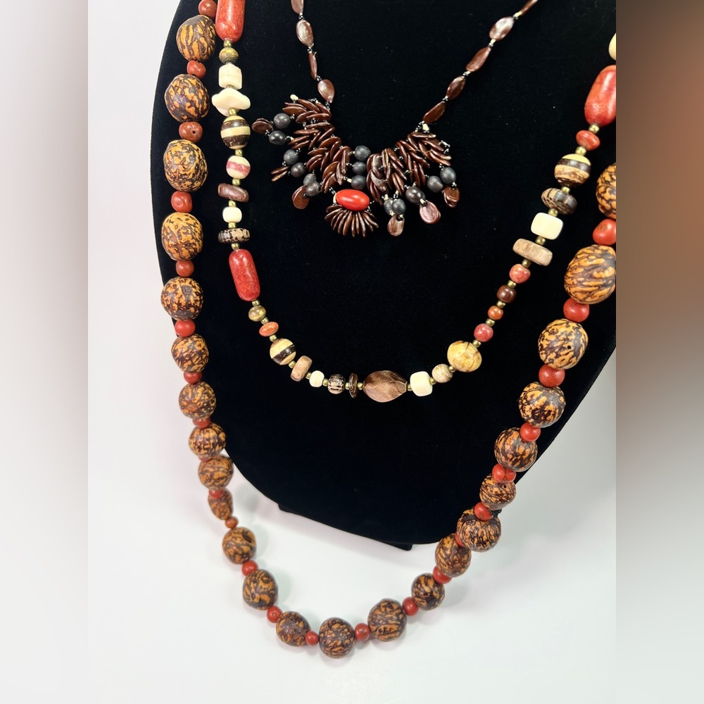 Set of 3 Vintage African Tribal Necklaces Handcrafted Beaded Wood Bone Jewelry - Picture 2 of 8